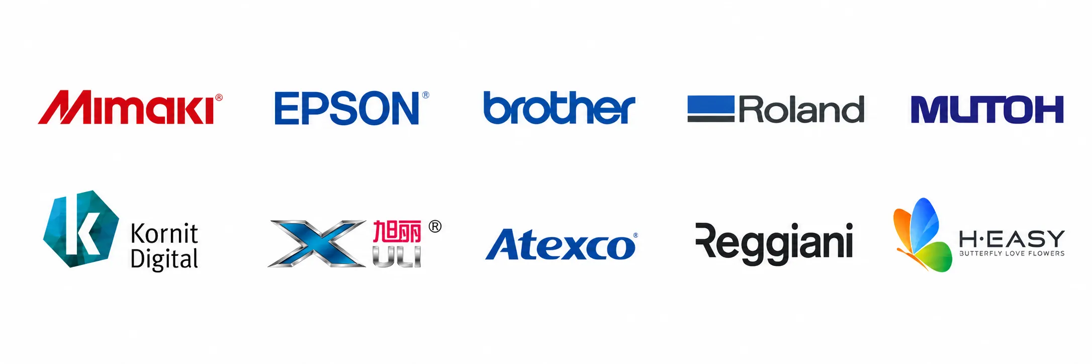 Compatible textile printer brands — Mimaki, Epson F-series, Roland Texart, Mutoh WR/WX, Atexco, H-EASY, MSItaly, Reggiani and more