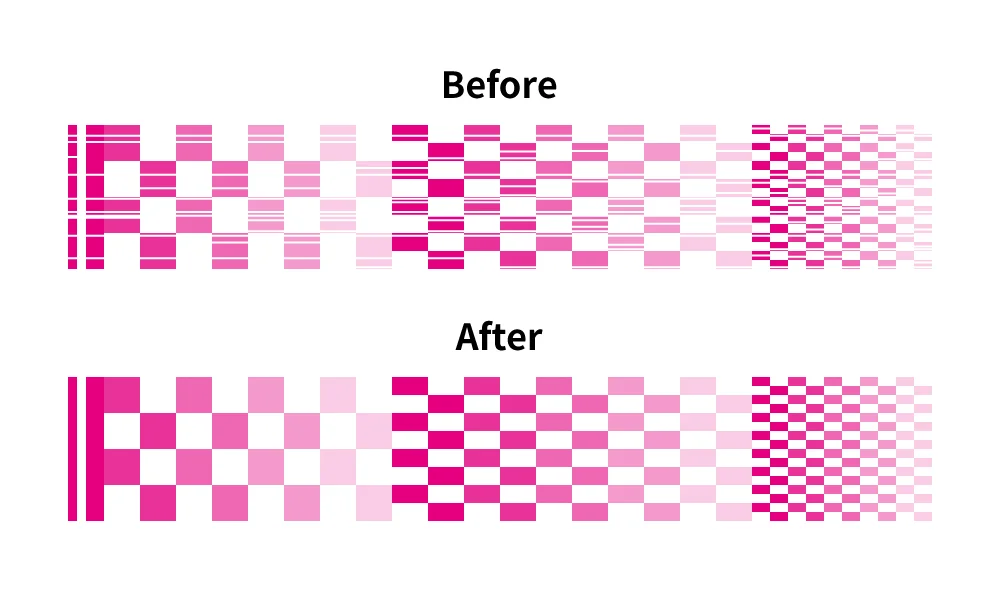 UV flatbed printer test chart before and after cleaning: patchy magenta blocks restored to an even gradient